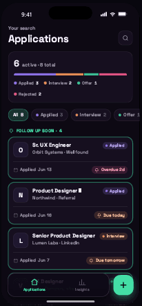 Onward applications screen showing a job pipeline tracker with status filters