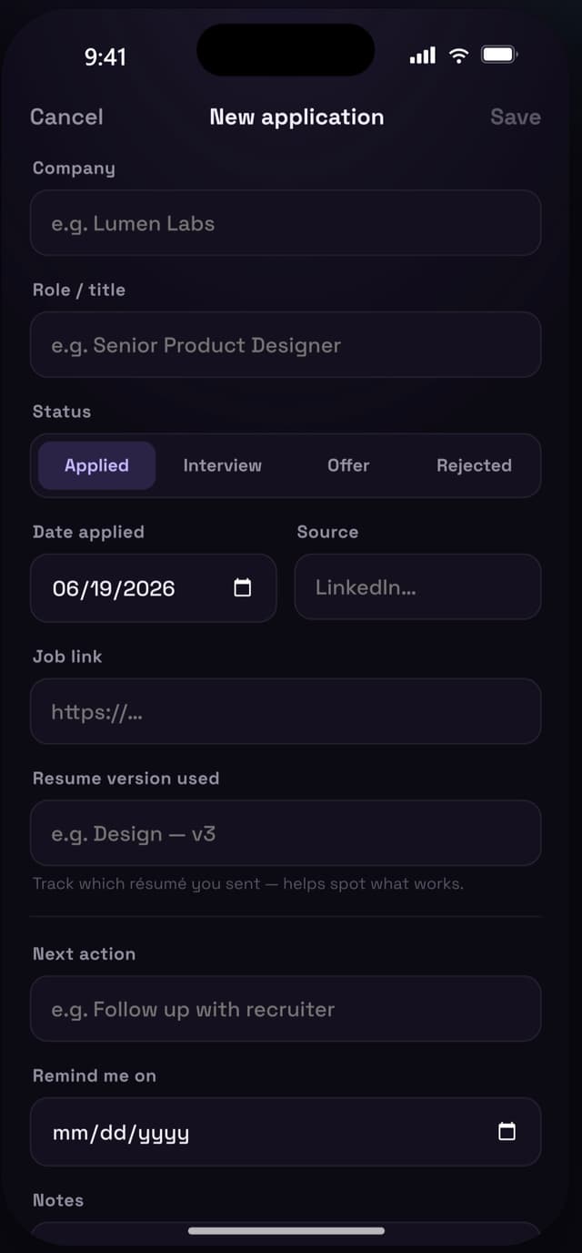 Add application form with date pre-filled, segmented status control, résumé version field, and reminder picker