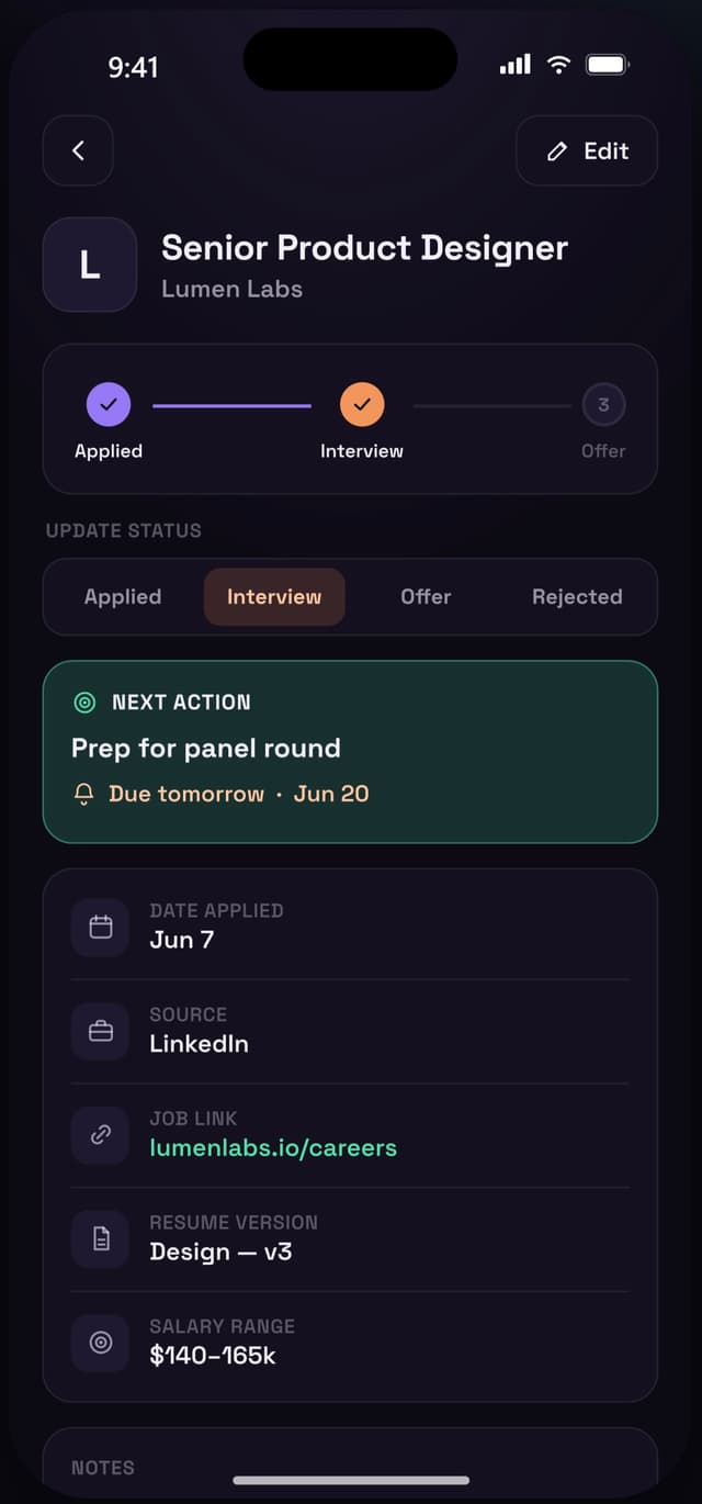 Application detail screen with status stepper, inline status update control, and highlighted next action card in mint