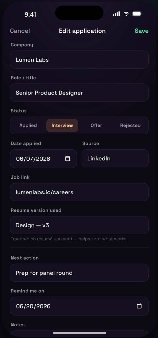 Edit application screen with all fields editable and delete option at the bottom of the form